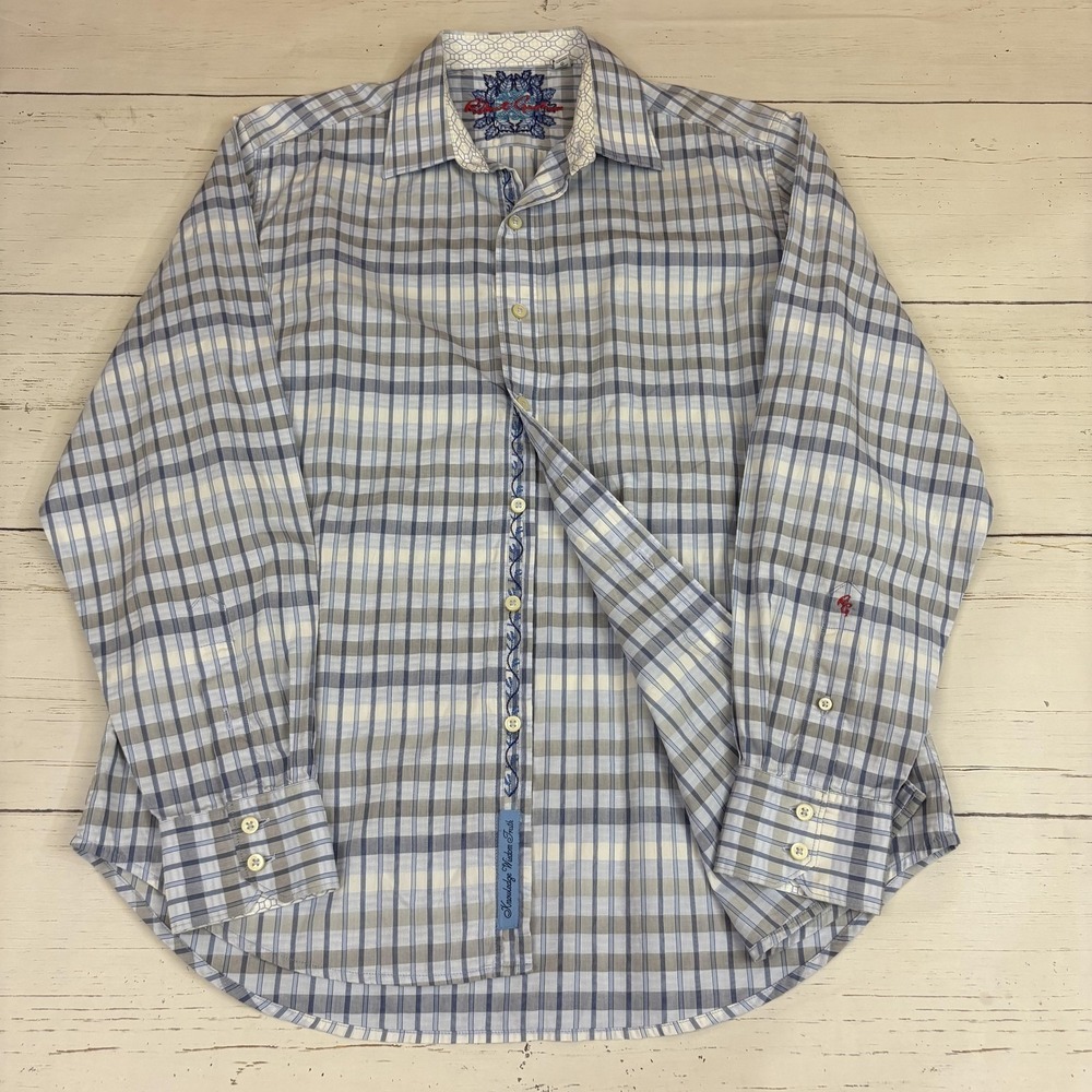 Robert Graham Button Down Shirt Mens Large Blue Plaid Flip Cuffs